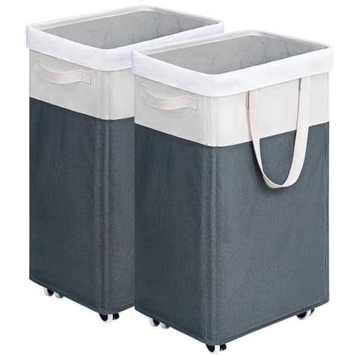 Goodpick Laundry Baskets 2-Pack, 75L Hamper with Wheels, Foldable Laundry Baskets with Removable Wash Bags, Rolling Laundry Hamper for Corner Dorm, Slim Laundry Basket, Grey&White - color: Grey & White 2-Pack