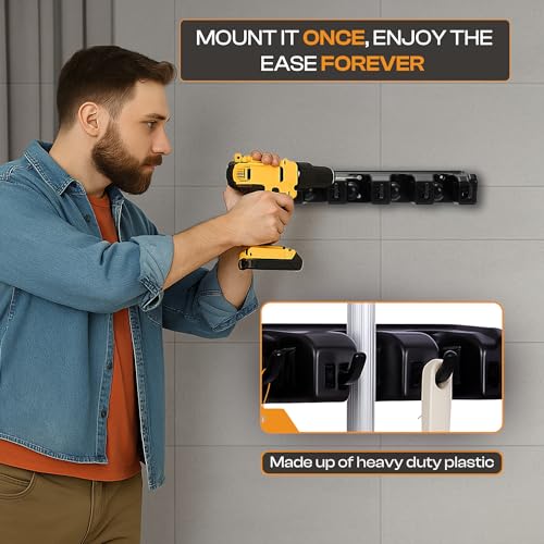 Heavy Duty ABS Plastic Broom Holder with 5 Slots and 6 Hooks | Wall Mount Mop and Broom Hanger | Waterproof Broom Organizer with Screws| Wall Mount Tool Organizer for Garage Storage - size: 5 Slots & 6 Hooks