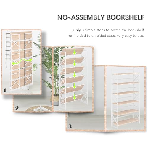 4NM Extra Wide 6 Tiers No Assembly Book Shelves, 61.8" H Folding Bookshelf Bookcase Open Industrial Foldable Shelves for Bedroom, Living Room, Home Office - Natural White - color: Natural White, size: Wide XX 6-Tier