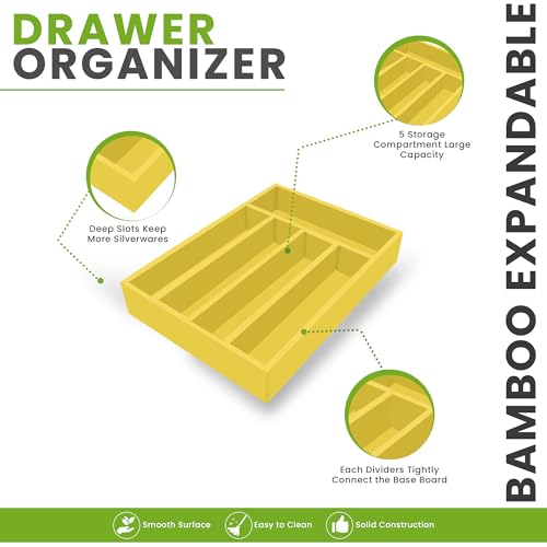 Utopia Kitchen Silverware Organizer, Bamboo Utensil Drawer Organizer for Cutlery, Utensils & Flatware (5 Compartment, Yellow) Pack of 1