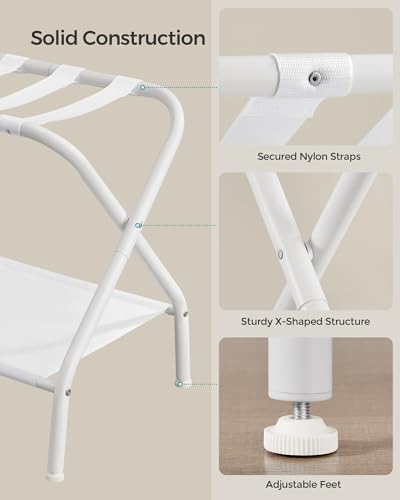 SONGMICS Luggage Racks, Set of 2, Suitcase Stand with Fabric Storage Shelf, for Guest Room, Bedroom, Hotel, Foldable, Holds up to 110 lb, 27.2 x 15 x 20.5 Inches, Cloud White RLR002W02 - color: Cloud White, style: with Shelf