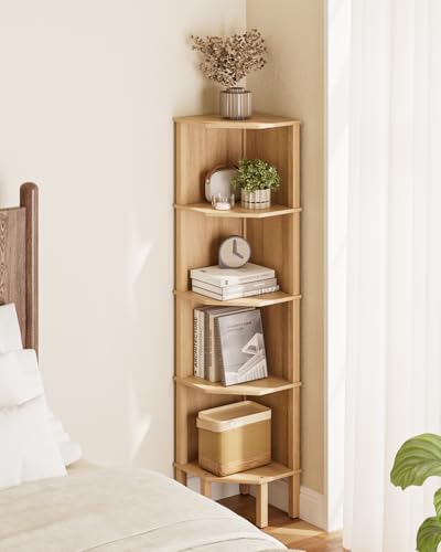 Corner Shelf, 5 Tier Corner Bookshelf, Display Corner Shelf Stand with Storage Rack, Wall Corner Bookshelf for Living Room, Bedroom, Office, Oak - color: Oak Without Light