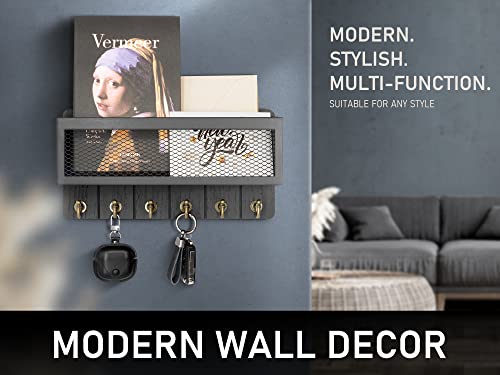 Rebee Vision Decorative Key and Mail Holder for Wall: Farmhouse Wall Mount Sorter with Storage Basket and 6 Retro Key Hooks - Wooden Mail Holder for Office, Appartment, Home Decor (Modern Black) - color: Black