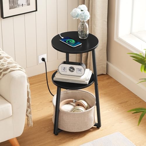 HOOBRO Small Round Side Table with Charging Station, Round End Table with Cotton Linen Storage Basket, Compact Sofa Side Table Nightstand for Small Space, Corner, Living Room, Black BB169UBZ01 - color: Black