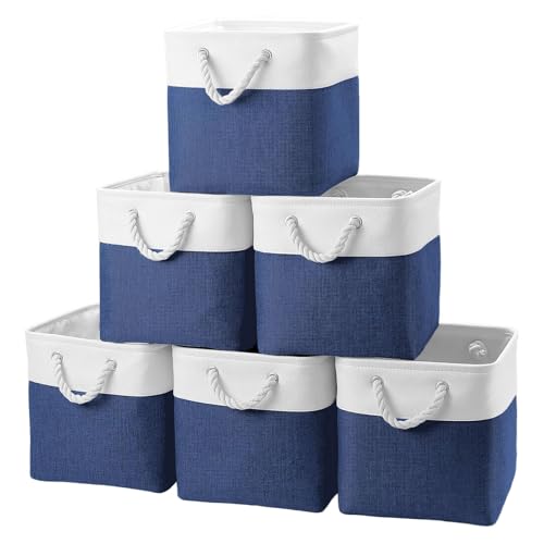 Cube Storage Bins, Collapsible Fabric Storage Cubes Bins, 11 Inch Cube Storage Bins with Handles, Foldable Storage Cubes (White/Navy, 6Pack) - color: white navy
