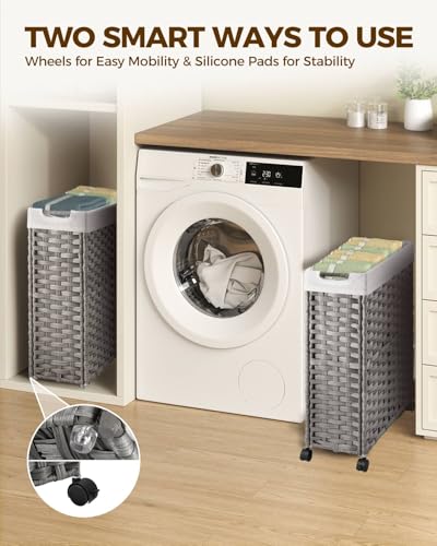Greenstell Laundry Hamper with Wheels, 11.9 Gallon (45L) Small Clothes Hamper with 2 Removable Liner Bags & 2 Mesh Bags, Slim Rattan Laundry Basket for Bathroom, Bedroom, Grey - color: Grey, size: 45L (15.8 x 7.9 x 23.6 inches)