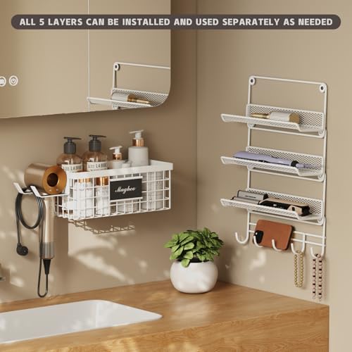 Magheo Hair Dryer Holder Wall Mounted, Adheisve Hair Styling Tool Organizer for hair Brush/Appliance Wall Mount with 5 Tier Shelf Basket Hooks Blow Dryer and Straightener Holder for Bathroom(White) - color: White, size: Wall Mount - 1 Pack (5 Tier)