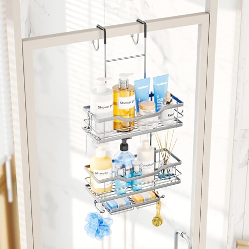 Consumest Over The Door Shower Caddy - 3 Tier Shower Shelves Hanging with Soap Holders, Large Capacity Shower Organizer with 6 Hooks, Bathroom Rack and Storage, Silver - color: Silver, size: 3 Tier