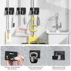 Mop Broom Holder Wall Mount, Stainless Steel, Rust Resistant, Heavy Duty, No Drill,Self-adhesive Broom Holder Wall Mount with Hooks 4Pcs for Bathroom, Kitchen, Garage, Black