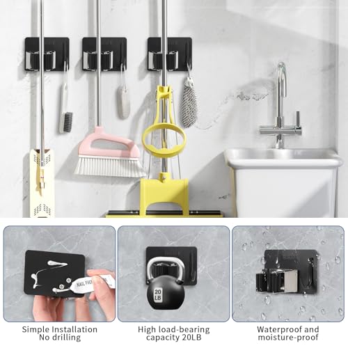 Mop Broom Holder Wall Mount, Stainless Steel, Rust Resistant, Heavy Duty, No Drill,Self-adhesive Broom Holder Wall Mount with Hooks 4Pcs for Bathroom, Kitchen, Garage, Black
