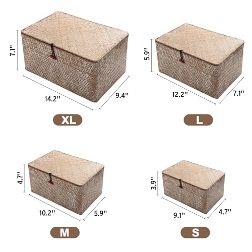 4 Pack, Wicker Baskets with Lids, Nautral Seagrass Storage Baskets, Wicker Storage Baskets for Organizing, Rustic Rectangular Storage Basket, Rattan Storage Organizer for Shelf Whitewash - color: Whitewashed (Set of 4)
