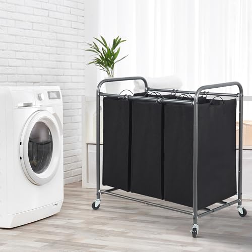 STORAGE MANIAC 3 Section Laundry Sorter, 35.9 Gal (136 L) Laundry Hamper Cart with Heavy Duty Rolling Lockable Wheels and Removable Bags, Clothes Organizer Basket Clothes Separator Hamper, Black - color: Black, size: 3 Section