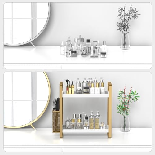 LEMIKKLE Bathroom Counter Organizer with Basket, Perfume,Makeup Organizers for Vanity,Storage Organizers for Bathroom, Kitchen, Dresser（White） - color: White