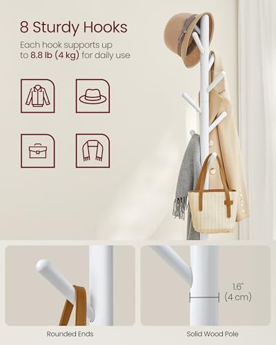 VASAGLE Coat Rack, Free Standing Coat Stand, Hall Coat Tree with 8 Hooks and Storage Shelf, 67.2 Inch Tall, for Coats, Hats, Bags, for Entryway, Hallway, Bedroom, Cloud White URCR040W01 - color: Cloud White, style: rectangular tray