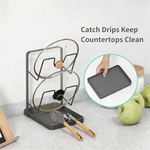 Kitchen Pot Lid Storage Rack,Stainless Steel Pot Lid Holder while Cooking,Multifunctional Kitchen Pot Lid Organizer for Countertop,Two-compartment Cooking Rack