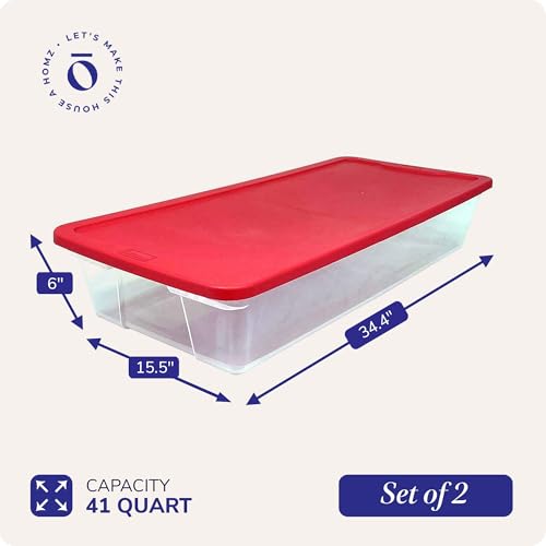 HOMZ 2-Pack Holiday Tote, Clear Plastic Storage Organizer Bins with Lids, 41 Quart, Red - Stackable Organizing Containers for Christmas Ornament Decorations, Gift Wraps, and Crafts - size: 2 Pack