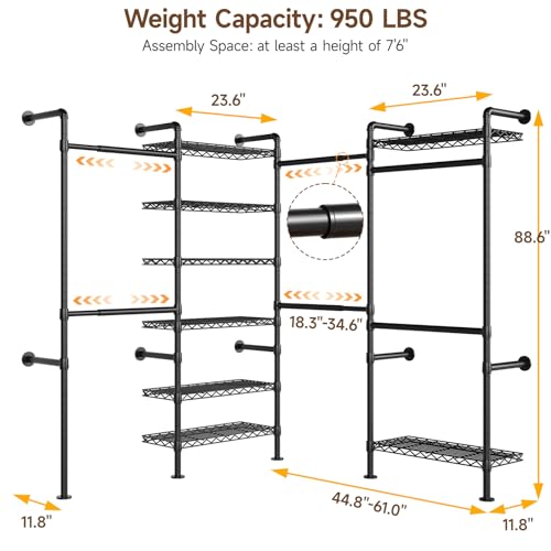 ONBRILL L4 Wall Mounted Industrial Pipe Clothing Rack, Closet Organizer System with 6 Hanging Clothes Rods ( 4 Expandable Rods) & 8 Shelves, Heavy Duty Corner Garment Rack, Large Wardrobe - Black - color: Black