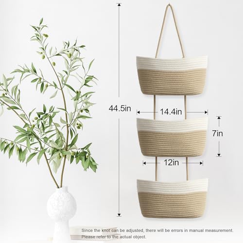 TeoKJ Over the Door Hanging Basket, 3-Tier Woven Cotton Wall-Mounted Storage Organizer Bag Decorative Hanging Nursery Baskets, White & Jute - color: White + Jute