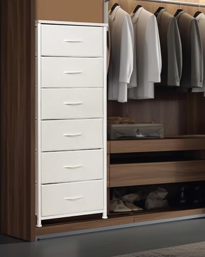 Mifuro Tall Dresser for Bedroom with 6 Drawers, Vertical Storage Organizer Tower, Chest of Drawers with Fabric Bins, Steel Frame, Wood Top for Bedroom, Closet, Entryway- White - color: White, size: 6 Medium Drawers