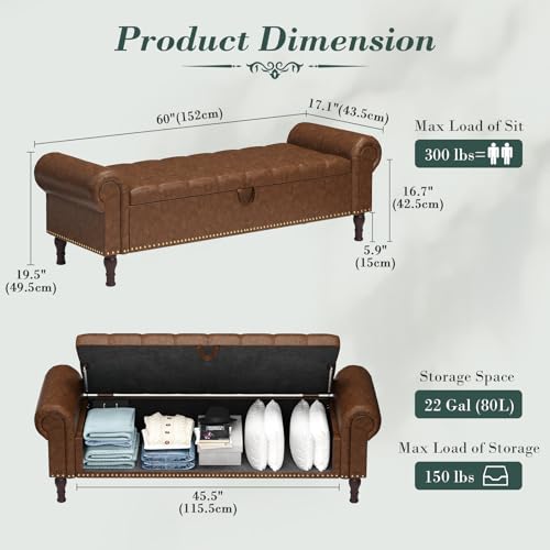Apicizon 60” Bench with Storage, Upholstered Tufted Button Bedroom Bench with Storage, Faux Leather Ottoman Bench for Bedroom, Living Room, Entryway, Yellow Brown - color: Brown, size: 60 Inches