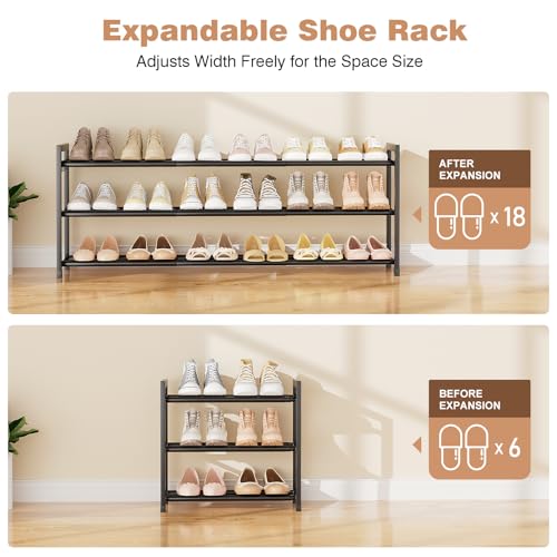 Expandable Shoe Rack - 18.5''- 47'' Adjustable Shoe Rack for Closet, 3 Tier Long Shoe Shelf Storage for 18 Pairs Shoe and Boot, Sturdy Metal Shoe Organizer for Entryway, Garage, Black