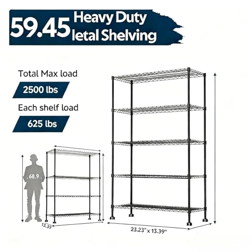 Simple Deluxe 5-Tier Heavy Duty Adjustable Shelf with Wheels, 23.23”W x 13.39”D x 59.45”H,Metal Storage Rack, Easy Tool-Free Assembly for Garage, Warehouse, Basement, Laundry, Black - color: Black, size: 5-Tier, 23.23”W x 13.39”D x 59.45”H