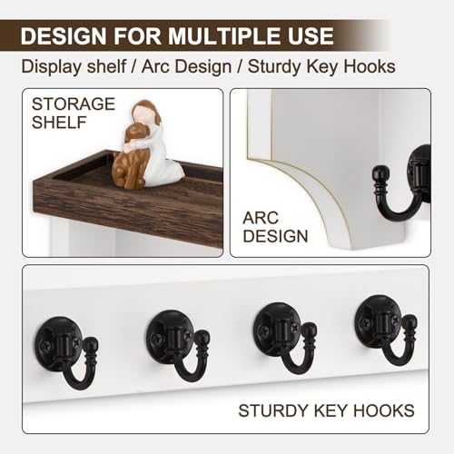 Key and Mail Holder Wall Mount, Key Holder with Shelf and Mail Organizer Wall Mount. Mail Holder with 5 Hooks for Coat, Dog Leash, Home Decor Rack, Entry Way Organizer (Brown & White) - color: Brown & White