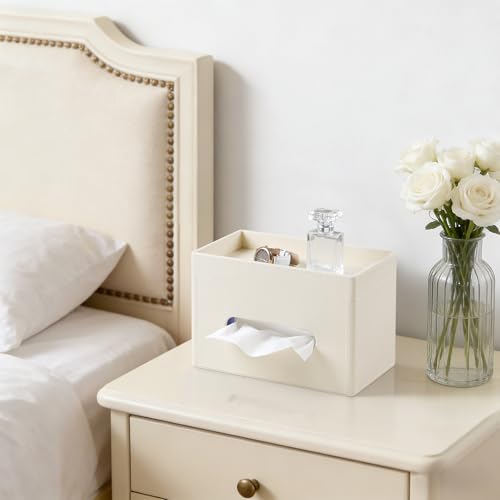 Plus Size Tissue Box Cover Rectangle, PU Leather Tissue Box Holder with Storage Tray, Decorative Organizer Tissue Holder for Bathroom, Bedroom Dresser, Night Stand, Office (Beige) - color: Beige