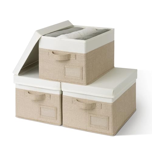 GRANNY SAYS Storage Basket with Lid, Linen Fabric Storage Bins with Label, Decorative Storage Boxes, Clothes Storage and Organization, Memory Keepsake Box, 3-Pack, Medium, Khaki&Ivory - color: White&Khaki, size: Medium
