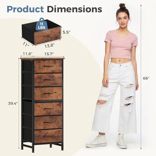DUMOS 6 Drawers Dresser for Bedroom with Wheels, Fabric Storage Cabinet Organizer with Removable Fabric Bins, Sturdy Steel Frame for Living Room, Office, Entryway, Closets, Brown - color: Rust, size: 11.8"D x 15.7"W x 39.4"H (6 Drawers)