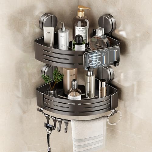 VOLPONE Corner Shower Caddy Suction Cup Shower Shelf Corner No Drilling Bathroom Shower Organizer Storage Rack Adhesive with Towel Bar Hooks(2-Pack, Gray) - style: Suction cup triangle with towel bar hooks 2 tier gray