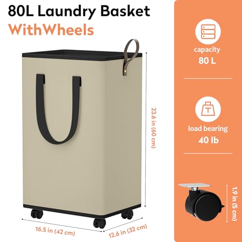 SpaceTrove Laundry Basket with Wheels, Collapsible Laundry Baskets, Laundry Hamper with Handles Detachable Wheels, Rolling Laundry Basket, Dirty Clothes Hamper for Bathroom, Dorm, Bedroom, Beige, 80L - color: Beige, size: 80L