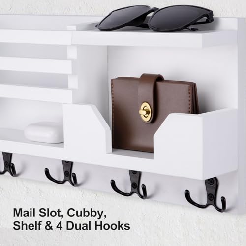 Lwenki Mail and Key Holder for Wall – Decorative 15.9” x 8.7” x 3.2” Entryway Organizer with Shelf – Paulownia Wood with 4 Dual Hooks Includes Mounting Hardware and Installation Guide - color: White