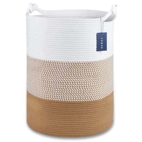 COMSE Extra Large Blanket Basket, Tall Woven Storage Basket, Nursery Hamper, 15.7”x 21.7”, Cotton Rope Laundry Hamper for Toys Clothes Towels, White/Camel - color: White & Camel Mix