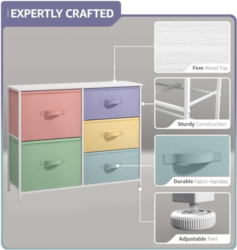 Sorbus Kids Dresser with 5 Drawers - Storage Chest Organizer Unit with Steel Frame, Wood Top & Handles, Tie-dye Fabric Bins for Clothes - Wide Furniture for Bedroom Hallway Kids Room Nursery & Closet - color: Pastel/White, style: 5-Drawer