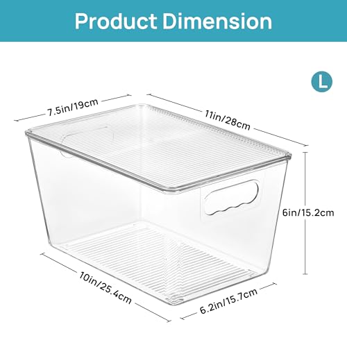 Vtopmart 4 Pack Clear Stackable Storage Bins with Lids, Large Plastic Containers with Handle for Pantry Organizer and Storage,Perfect for Kitchen,Fridge,Cabinet, Closet,Bathroom Organization - size: L( 11"L x 7.5"W x 6"H)