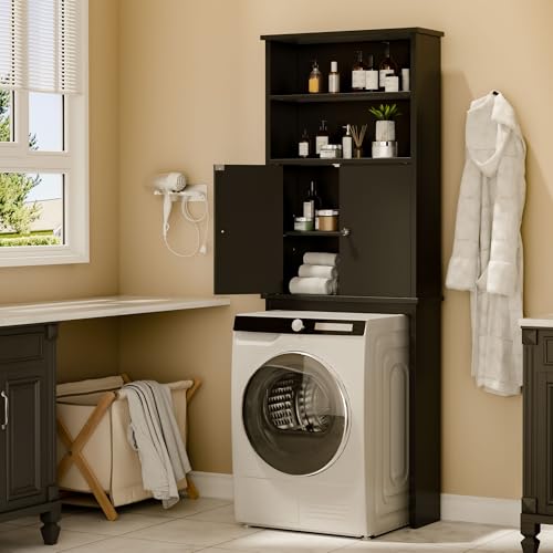 Walsunny Over The Toilet Storage Cabinet, Bathroom Organizer with Open Shelves and Double Doors, Space Saving Toilet Storage, Black - color: Black, style: 2 Open Shelves