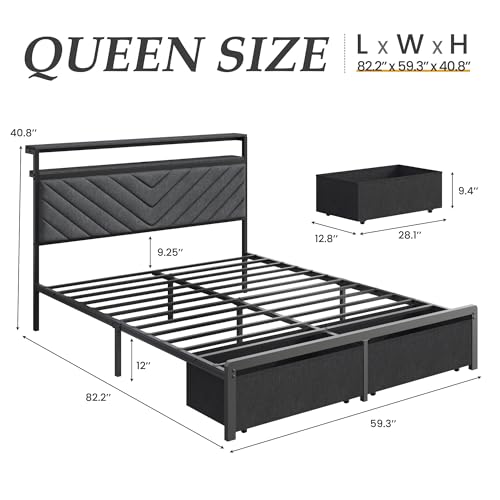Fluest Queen Bed Frame with 2 Drawers, Upholstered Headboard with Storage and Charging Station, LED Lights, Fabric Drawers with Wheels, Under Bed Storage, No Box Spring Needed, Easy Assembly, Grey - size: Queen