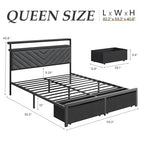 Fluest Queen Bed Frame with 2 Drawers, Upholstered Headboard with Storage and Charging Station, LED Lights, Fabric Drawers with Wheels, Under Bed Storage, No Box Spring Needed, Easy Assembly, Grey - size: Queen