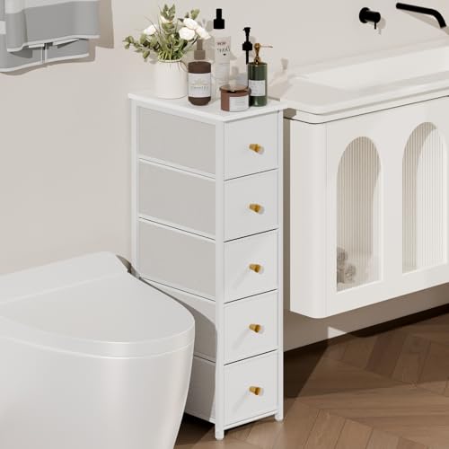 lurcns Narrow Storage Cabinet for Small Spaces Slim Skinny Bathroom Dresser Tall Dorm Nightstand Thin Organizer for Bathroom Bedroom (White, 5 Drawers) - color: White, size: 5 Drawers+No Charging Station