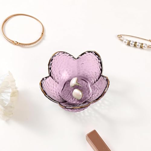 Gifts for Women Purple Flower Jewelry Dish Glass Ring Holder Decorative Jewelry Tray Cute Vanity Room Decor Aesthetic Nightstand Bathroom Decor Trinket Dish Friendship Birthday Christmas Gifts (2pcs) - color: 2 Pcs Purple-9cm