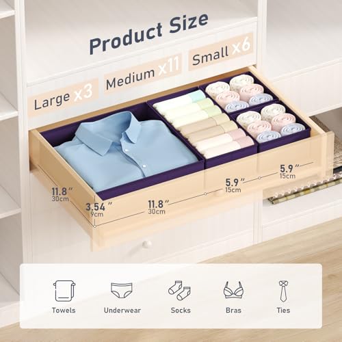 DIMJ Drawer Organizer Clothes - 20 Pack Closet Drawer Organizer Bins for Baby Clothes Storage, Fabric Dresser Organizer for Nursery Bedroom, Foldable Small Drawer Dividers for Underwear Socks - color: Purple, size: 20 Pack