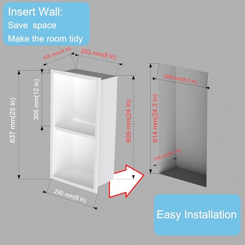 Narrow Shower Niche for Tiny Shower Room Storage, Insert Tile Ready, Double Shelves, Stainless Steel,(White, 24 * 8 in) - color: White, size: 24 * 8 in