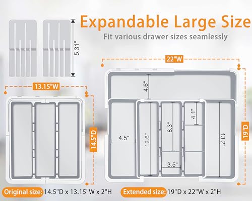 Homecor Large Utensil Organizer for Kitchen Drawer, Expandable Silverware Drawer Organizer Cooking Tray, Cutlery and Flatware Utensil Holder Kitchen Spatula Tools Storage with 3 Dividers, Grey - color: Grey