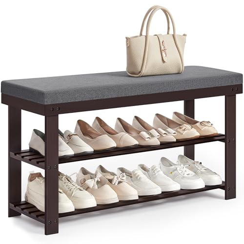 SONGMICS Bamboo Shoe Bench, 3-Tier Shoe Rack Organizer for Entryway, Living Room, Bench Seat Holds Up to 300 lb, 11.9 x 35.4 x 19.2 Inches, Rustic Walnut and Slate Gray ULBS904B32 - color: Rustic Walnut + Slate Gray, size: 35.4"W