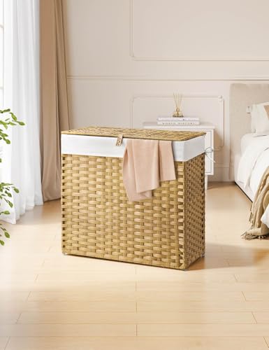 Greenstell Laundry Hamper with Lid, 125L Laundry Basket with 2 Removable Liner Bags & 2 Mesh Bags, Handwoven Synthetic Rattan Clothes Hamper for Clothes, Toys in Bathroom, Bedroom, Foldable, Natural - color: Natural, size: 125L (25.6 x 13.0 x 23.6 inches)