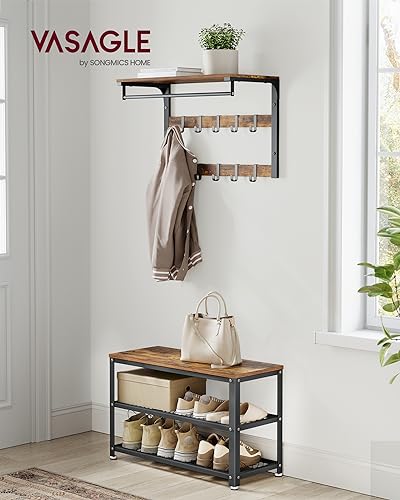 VASAGLE 3-Tier Shoe Rack, Shelf Storage Bench with Metal Mesh Shelves and Seat, Free Standing Shoe Organizer for Entryway, 11.8 x 28.7 x 17.7 Inches, Rustic Brown and Black ULBS73X - color: Rustic Brown + Black, size: 28.7"W x 17.7"H, style: Bench
