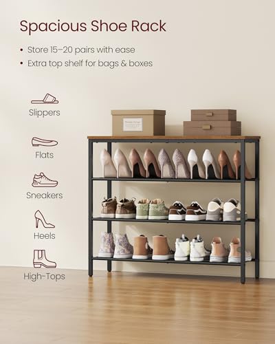 VASAGLE 4-Tier Shoe Rack, Large Shoe Storage Organizer for Closet, Entryway, 15-20 Pairs, with 3 Metal Mesh Shelves, 10.8 x 29.5 x 28.5 Inches, Rustic Brown and Black ULBS114KD01 - color: Rustic Brown, size: 4 Tiers (29.5"W)