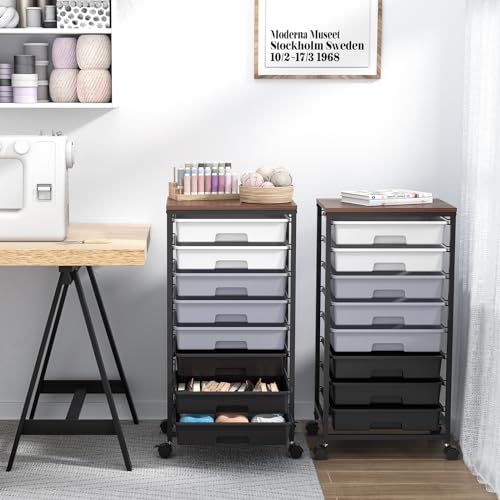 SYKIARIOL Rolling Cart with Drawers,Utility Cart With 8 Drawers and Wooden Tabletop for Living Room,Classroom,Bedroom,Bathroom,Dorm,Office,Dark Grey - color: Gray