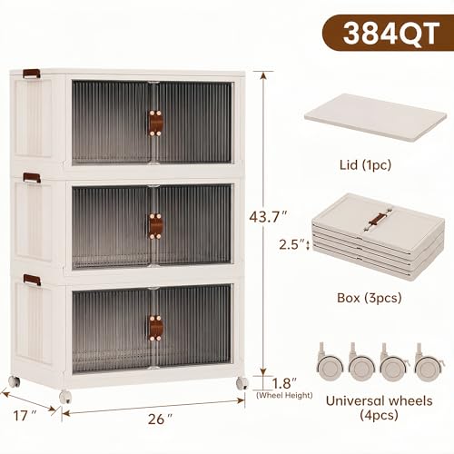 SAILUN 87Gal/348Qt Stackable Storage Bins Folding Collapsible Storage Bins with a Lid, Closet Organizers and Storage,Blush White 26" W x 17" D x 43.7" H - color: Blush White, size: 1 Lid 3 Pack-26" W x 17" D x 43.7" H